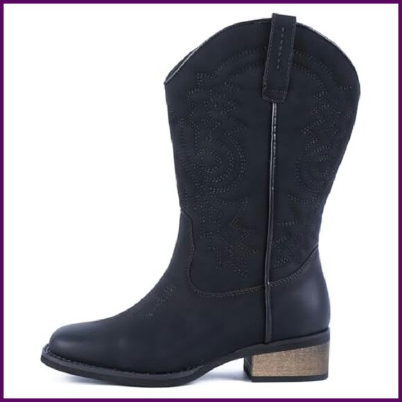 Women's Square Toe Wide Calf Cowboy Boots Low Heel Mid Calf Booties - Picture 6 of 8